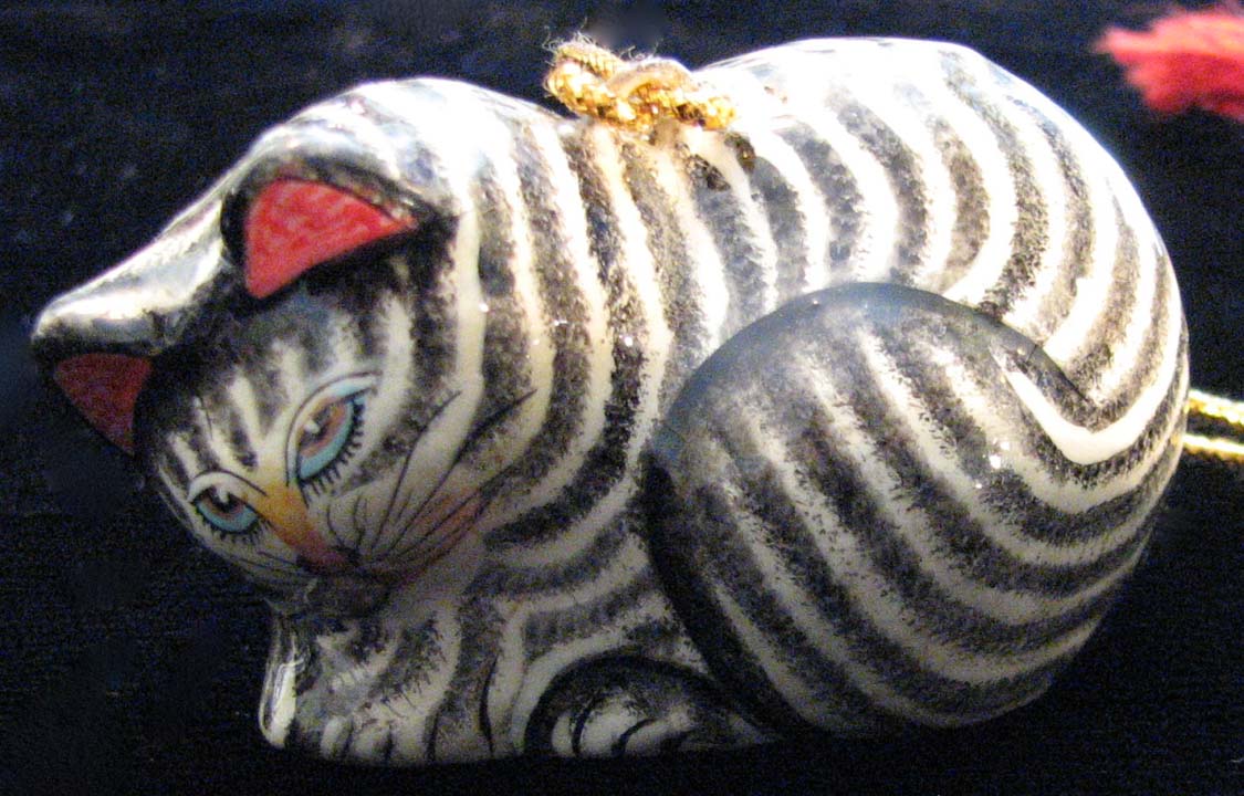 Handmade Papier Mache Black Striped Cat, Curled U